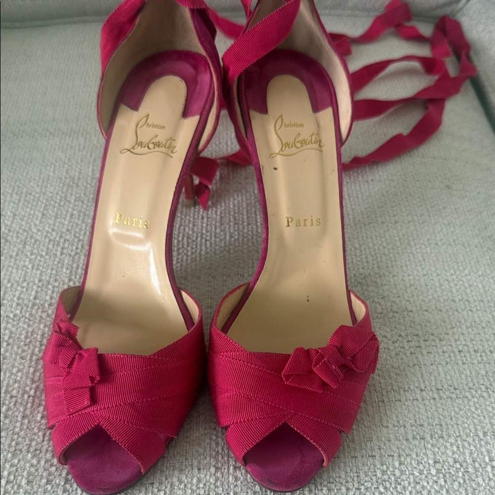 Christian Louboutin Fuchsia Ribbon Heels Lace Ankle. Very gently worn